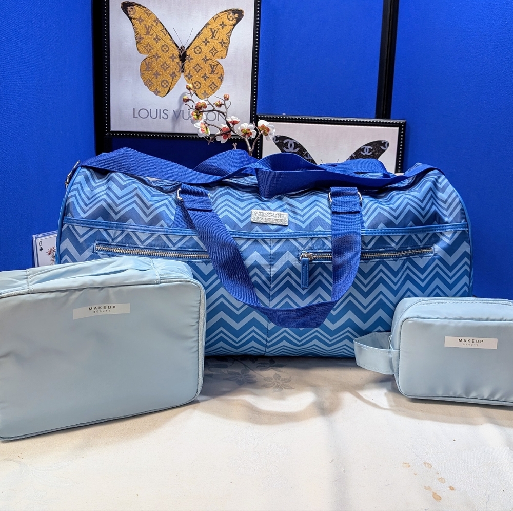 Missoni Blue Chevron Large Weekender Travel Bag with Make Up And Travel Pouch
